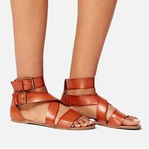 NEW! End of Summer! Flat Buckle Vegan Gladiator Bohemian Sandals Cognac Size 8